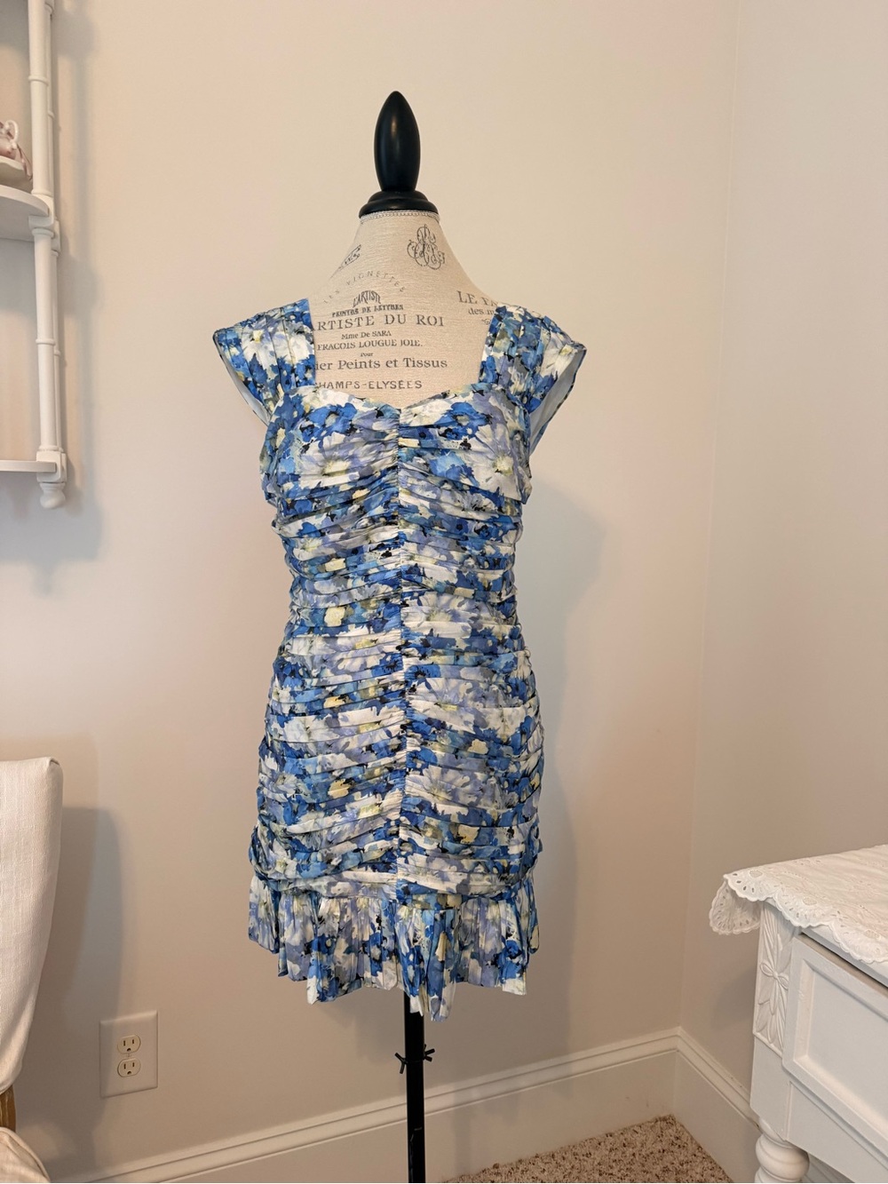 H&M Blue and Cream Floral Ruffle Mini Dress